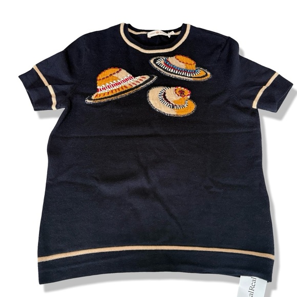 Tory Burch 100% Merino Wool Navy Hand Embroidered Beaded Sunhat Print Sweater M - Picture 3 of 16